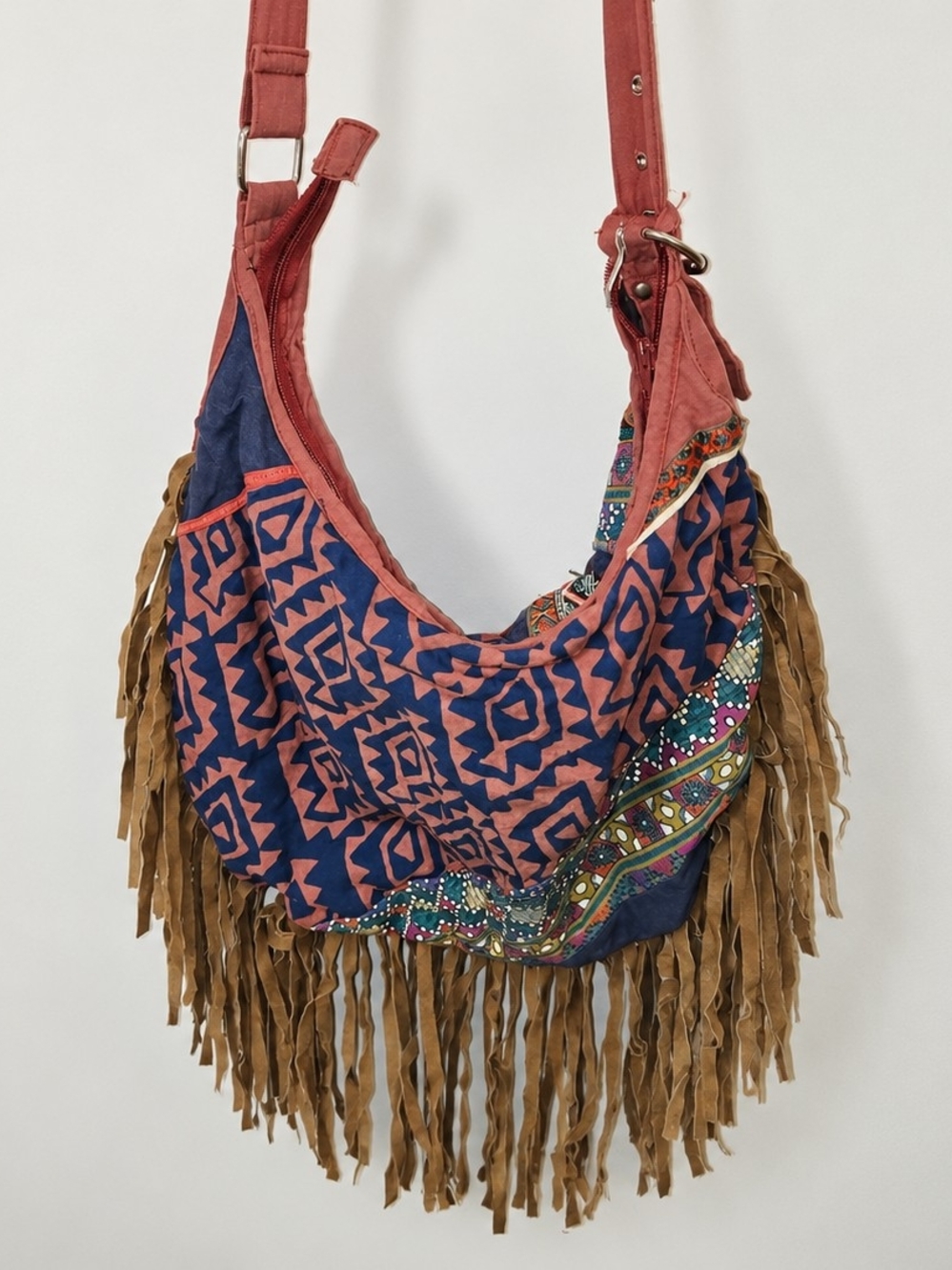 Boho Fringe Shoulder Bag in Navy and Rust